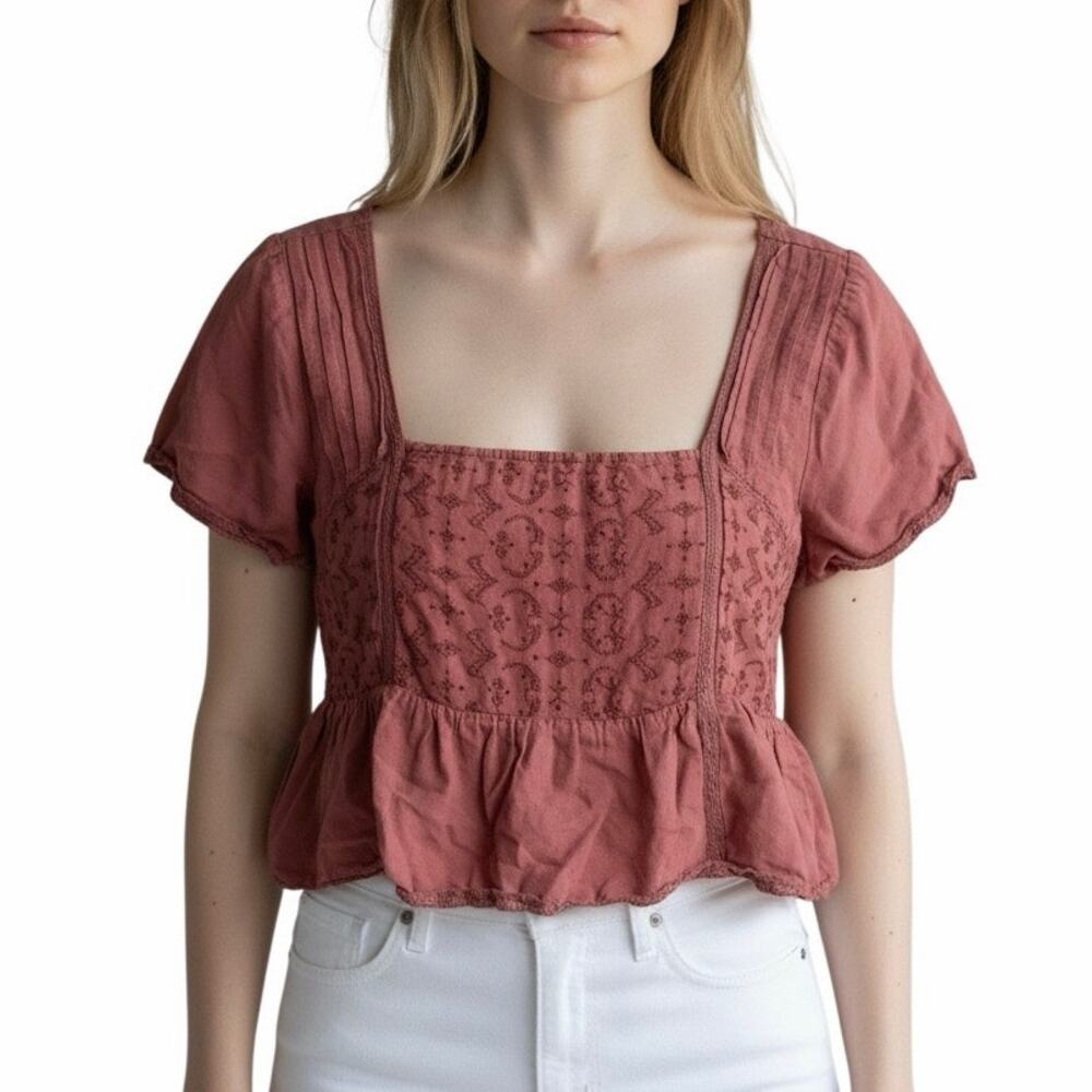 American Eagle Mauve Pink Embroidered Square Neck Peplum Babydoll Top Large - Picture 2 of 6
